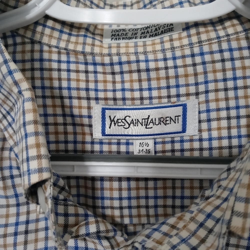 Yves Saint Laurent YSL Men's button down beige Navy blue Checked Shirt 16.5 - Picture 2 of 8